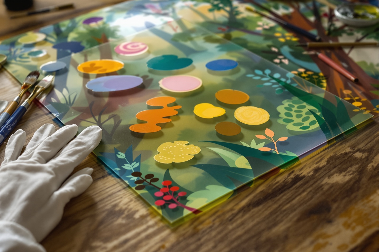 Hand-painted celluloid over a gouache background painting
