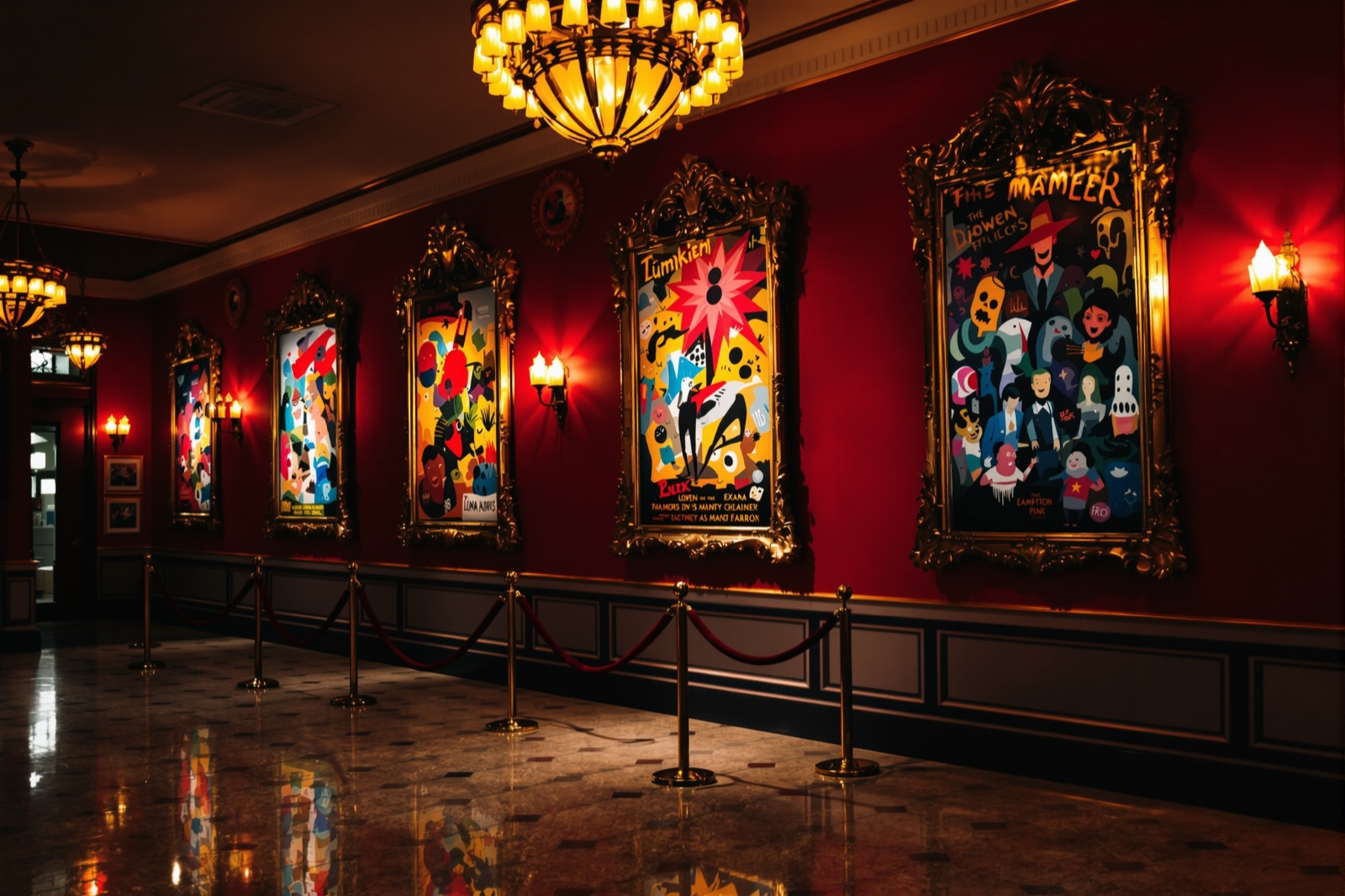 Vintage theater lobby with framed painted movie posters
